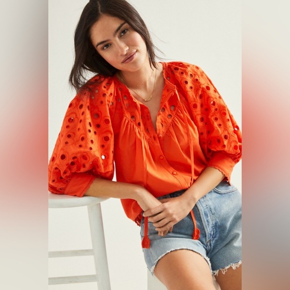 Anthropologie Chantal Eyelet Orange Puff Sleeve Button Down Crochet Tie Blouse - Picture 1 of 9